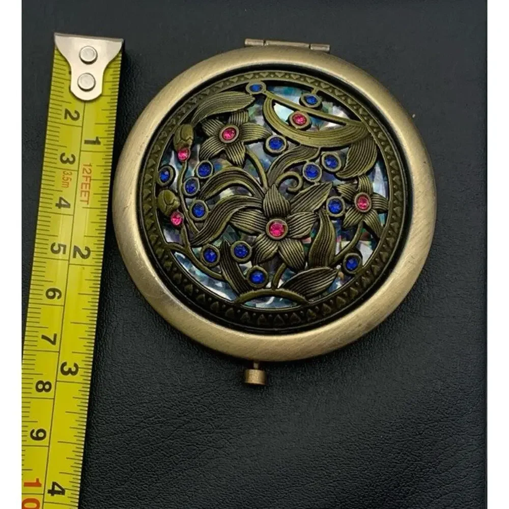 Dual Mirror Compact Floral Jeweled Brass Tone Iridescent Background Boho NWOT